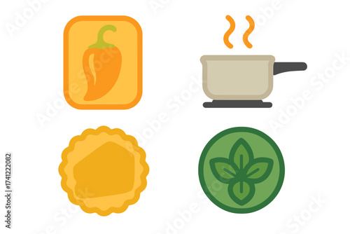 Food icons collection. Flat design vector set. Cooking ingredients symbols. Isolated taste and product logo. Spicy chili pepper, hot pot, cheese and fresh basil herb.