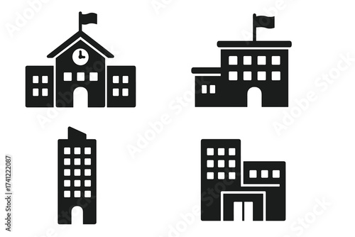 Building icon set vector. School, university, courthouse, government building glyph. City hall, office center, skyscraper silhouette. Municipal architecture for web and mobile.