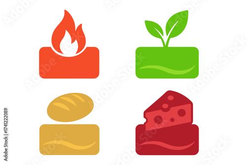 Food icons set. Collection of taste and product logos. Hot fire, organic plant, bakery bread, and dairy cheese symbols. Isolated vector for packaging, menu, and labels.