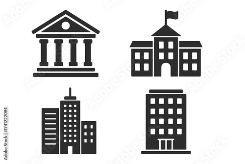 Building icon set vector. Urban and municipal architecture symbols. Collection of pictograms for bank, courthouse, school, office, skyscraper. City center and government.