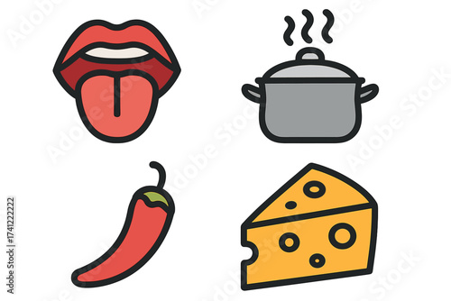 Food and cooking icon collection. Vector set of taste and flavor symbols for restaurant menu or product logo. Hot spicy chili, cheese, steaming pot and tongue licking lips.