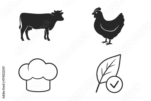 Food production icon set. Farm animal silhouettes of a cow and chicken. Chef hat for kitchen and cooking. Natural, organic leaf symbol. Farm-to-fork vector elements.