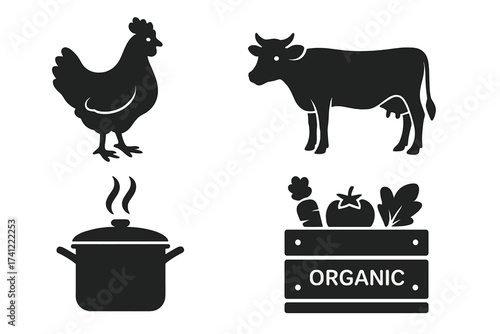 Farm to table vector icon set with chicken, cow, organic vegetables, and cooking pot. Agriculture, food production, and kitchen symbols for fresh, natural, healthy food.