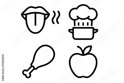 Food icons taste product sign collection. Vector linear style. Cooking pot chef hat. Mouth tongue flavor symbol. Chicken drumstick poultry meat. Apple fruit. Outline pictogram set.