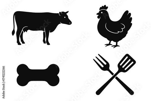 Vector icon set of farm animals and food symbols. Cow for beef, chicken for poultry, bone for pet food. Crossed fork and spatula for BBQ, grill, cooking, or restaurant menu.