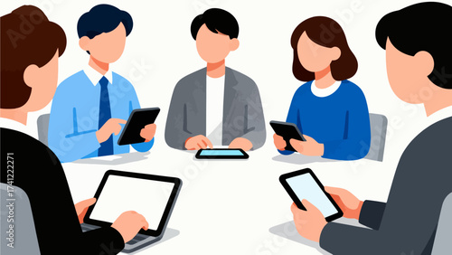 People using digital devices at a table