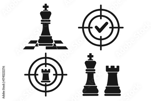 Chess strategy vector icon set. Checkmate concept with king and rook. Target with check mark for success and goal achievement. Business tactic and victory logo collection.