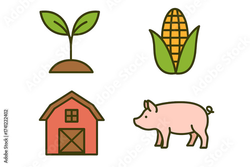 Vector illustration icon set of agriculture and farming. Includes seedling, corn crop, red barn, and pig. Concept for livestock breeding, organic food, and rural life.