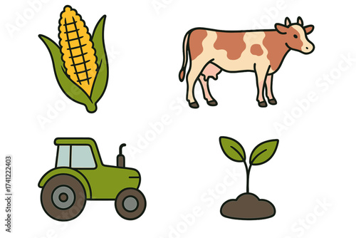 Agriculture and farming icon set. Vector illustration of a cow, corn, tractor, and sprout. Concepts of livestock breeding, crop cultivation, organic food, and harvest.