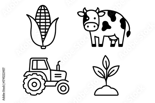 Agriculture and farming icon set vector. Outline symbols of cow, tractor, corn and plant sprout. Thin line illustration for agribusiness, livestock and cultivation concepts.