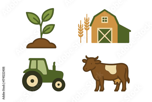Agriculture and farming icon set. Vector illustration of a cow, tractor, barn, and plant. Concepts for livestock breeding, cultivation, harvesting, and rural life.