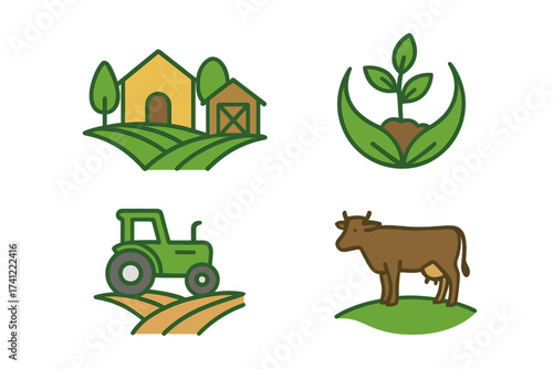 Agriculture icon set. Farming symbols. Farm life concept. Tractor, barn, cow, plant. Livestock breeding. Organic food production. Cultivation. Rural landscape. Vector illustration.