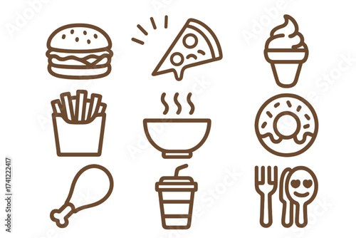 Fast food icon set vector. Collection of junk food line art symbols. Burger, pizza, fries, ice cream, donut, chicken leg, soup, soda. Restaurant menu & delivery signs.