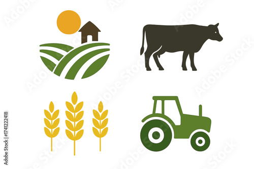 Agriculture and farming icon set. Vector logo collection with tractor, cow for livestock and breeding, wheat for harvest and crops, and a farm field emblem for organic food.