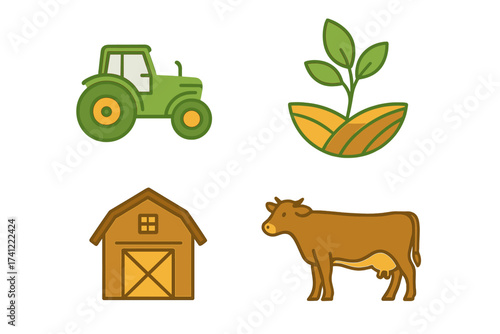 Set of agriculture and farming line icons. Tractor, livestock cow, farm barn, plant sprout. Vector symbols for cultivation, breeding, harvest, agronomy, and food production.