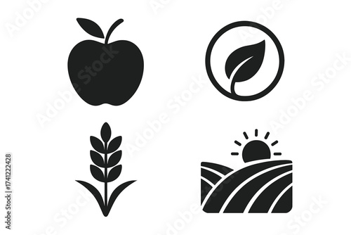 Set of four agriculture and organic food vector icons. Includes apple, wheat, leaf, and farm field symbols for healthy, natural, eco, and vegan concepts. Logo collection.