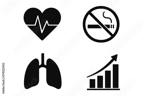 Health and nicotine icon set. No smoking sign. Heartbeat cardiogram. Healthy lungs. Growth chart. Quit smoking concept. Health risk statistics. Stop nicotine addiction vector.
