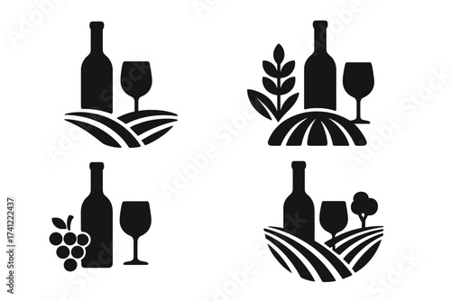 Vector wine logo collection. Set of winery icons with bottle, glass, grapes, and vineyard field. Alcohol beverage symbol for branding. Agriculture farm concept illustration.