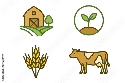 Vector icon set for agriculture and farming. Includes barn, field, sprout, wheat, and cow symbols. Concepts for livestock breeding, crop cultivation, organic food, and rural life.