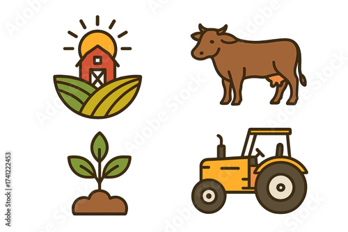 Agriculture farm icon set. Farming vector symbols. Cow for livestock, breeding, dairy. Tractor for cultivation and harvest. Barn on field with sun. Sprout for growth concept.