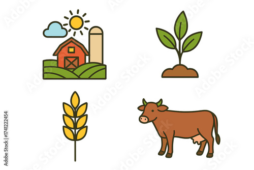 Agriculture icon set for farming and food industry. Vector illustration with farm, barn, wheat crop, dairy cow, plant sprout. Concepts for livestock, cultivation, harvest, organic.