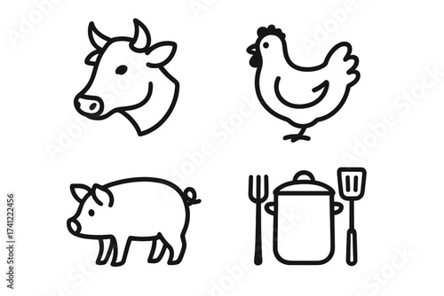 Farm animal icon set for butcher shop and restaurant menu design. Vector line icons of cow, pig, chicken. Beef, pork, poultry meat symbols for food production and cooking.