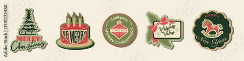 Vintage Christmas logo set. Hand drawn New Year lettering and holiday doodle design. Festive typographic template for greeting cards, posters, invitations, and cozy winter decor. Vector illustration.