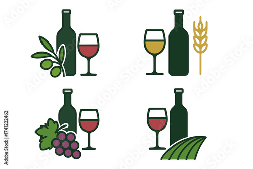 Set of wine vector icons. Logo collection for winery, restaurant menu design. Bottle and glass with red or white wine. Grapes, olive branch, wheat ear, vineyard field symbols.