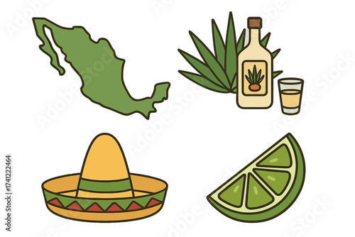 Set of Mexican culture icons. Vector design of tequila bottle, shot, agave, sombrero hat, lime, and Mexico map. Flat illustration for Cinco de Mayo, travel, and party concept.