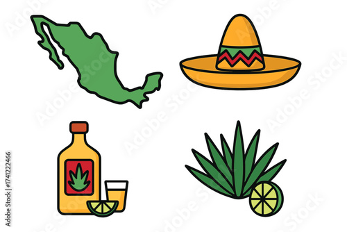 Mexico culture icon set vector graphic. Tequila bottle with shot and lime, sombrero hat, country map outline, blue agave plant. Symbols for travel, vacation, food and drink.
