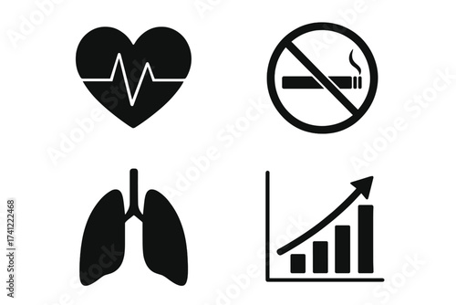 Vector icon set health risks of smoking and nicotine. No smoking sign, human lungs, heart cardiogram. Medical infographic chart of disease growth. Unhealthy habit danger symbol.