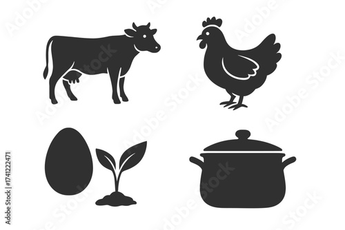 Farm to table vector icon set. Food production concept with agriculture and livestock symbols. Cow, chicken, egg, plant and cooking pot. Fresh, natural, organic ingredients.