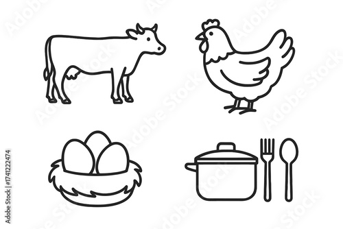 Farm to table vector line icon set. Agriculture and cooking symbols. Cow for beef and dairy, chicken for poultry, and fresh eggs in a nest. Kitchenware with pot and cutlery.