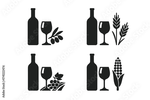 Vector icon set of wine bottle and glass with agricultural ingredients. Grapes, olives, wheat, and corn symbols for alcoholic beverages. Logo collection for winery, bar menu.