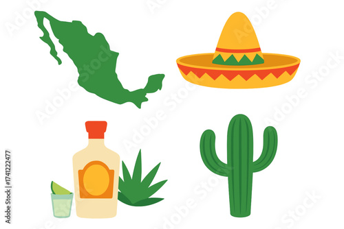 Vector set of Mexican culture symbols. Collection with Mexico map, sombrero hat, tequila bottle with shot glass and lime, agave plant and cactus icon. Flat design element.