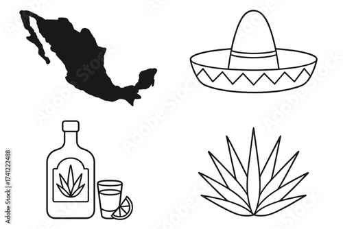 Mexico icon set vector illustration. Sombrero, tequila bottle with shot glass, agave plant and country map silhouette. Mexican culture, travel and national symbols line art.