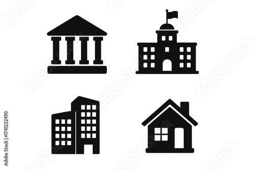 Set of building icons. Government, bank, school, university, office and house symbols. Vector pictograms for web, logo, real estate and city services. Flat silhouette design.