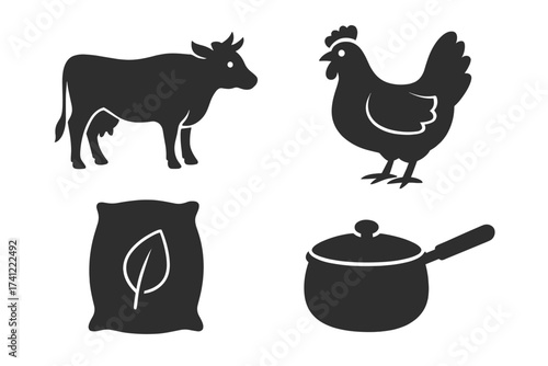 Farm and kitchen icon set. Vector illustration of agriculture, livestock breeding, and food preparation. Cow, chicken, organic feed, and cooking pot symbols for farm-to-table concepts.
