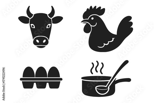 Vector food icon set for farming and cooking. Cow, chicken, eggs, and kitchen pot symbols. Concept for agriculture, livestock breeding, poultry, dairy, recipe, and menu design.