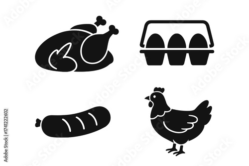 Poultry farm and butcher shop products vector icon set. Black glyph silhouette symbols for roasted chicken, eggs in carton, sausage, and hen. Meat, food, grocery concept.