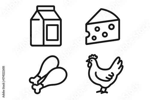 Food and grocery icon set. Farm products collection. Milk, cheese, chicken meat and poultry symbols. Dairy and protein linear icons for menu, packaging or web design.