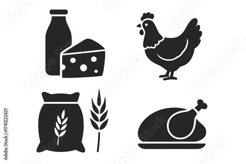 Farm food products glyph icons set. Agriculture symbols. Dairy milk, cheese. Poultry hen and roasted chicken. Grain flour sack and wheat ear. Grocery store items vector icons.