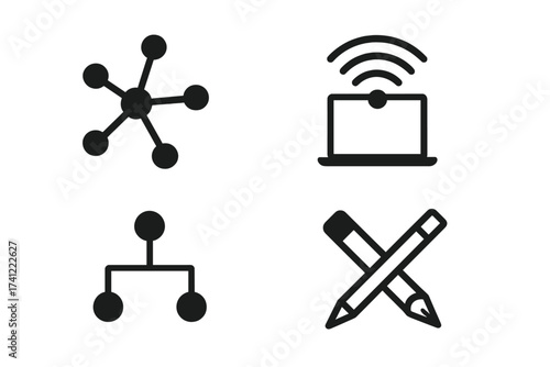 Business icon set with concepts for connection and design. Vector icons for network, data, hierarchy, organization, wireless, wifi, laptop, creative process, and editing.