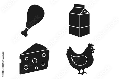 Farm food icon collection. Poultry and dairy product symbols. Vector icons of chicken, meat drumstick, milk, and cheese. Supermarket food signs. Silhouette illustration.
