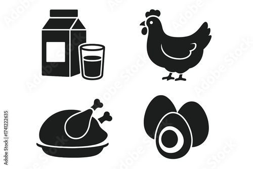 Poultry and dairy product icon set. Farm food vector symbols. Chicken, milk, eggs, and roasted bird. Fresh grocery agriculture concept. Protein for breakfast or dinner meal.