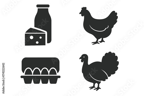 Farm products icon set vector. Poultry and dairy goods silhouettes. Chicken, turkey, hen, eggs in carton, milk bottle and cheese symbols. Agriculture and food collection.