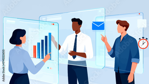 Business team analyzing data on digital screens