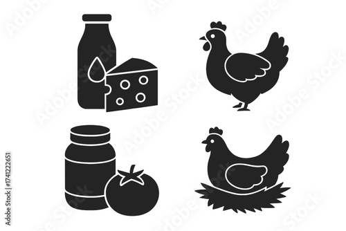Agriculture and farm products black glyph icons set. Fresh food symbols for grocery store. Dairy, poultry, produce. Milk, cheese, chicken, hen on nest with egg, tomato.