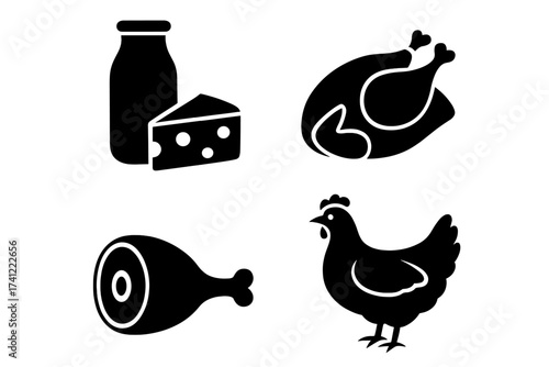 Food products icon set vector. Poultry, dairy and meat symbols. Fresh farm grocery food silhouettes. Chicken, roasted turkey, ham leg, milk bottle and cheese wedge collection.