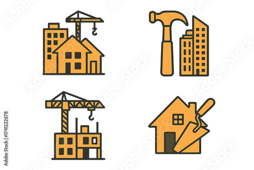Construction and building vector icon set for real estate development. Architecture symbols for residential and commercial property. Crane, hammer, trowel, and house signs.